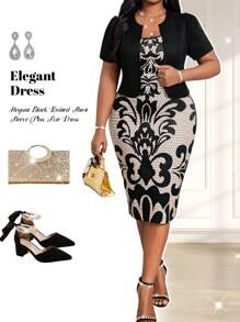 Fleurora 秋冬季优雅黑色针织铅笔主教袖中长短袖大码套装 - 黑與白 - 查看 1