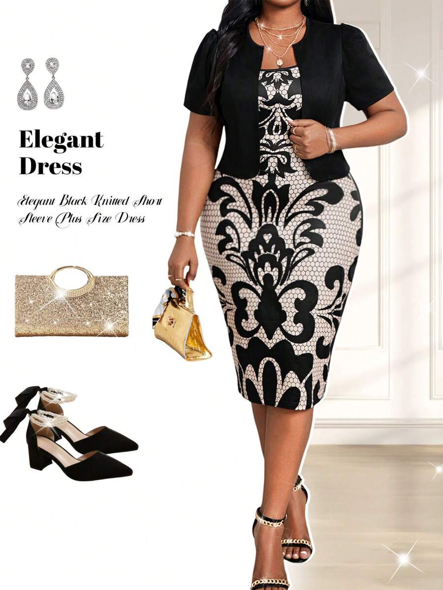 Fleurora 秋冬季优雅黑色针织铅笔主教袖中长短袖大码套装 - 黑與白 - 查看 1