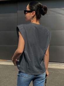 DAZY Solid Shoulder Pad Tee - Dark Grey - View 2
