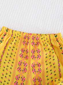 Cozy Pixies 2pcs Girl Floral Print Crew Neck Top With Ruffle And Elasticated Waist Pants Set