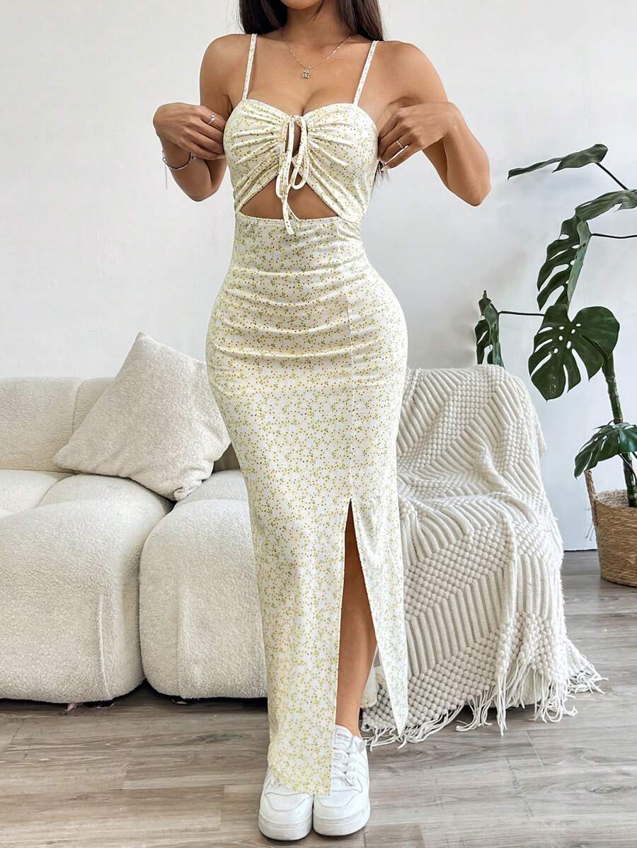 SHEIN EZwear 花卉印花吊带背心镂空大腿开衩连衣裙 - 黃色 - 查看 1