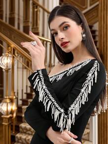 Modelyn 女士优雅串珠流苏装饰不对称领口鱼尾连衣裙 - 黑色 - 查看 3