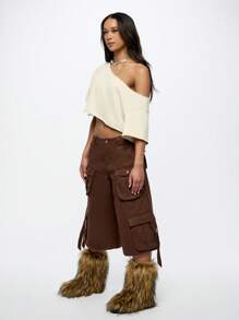 SUMWON WOMEN 露肩短款 T 恤不对称设计夏季节日休闲宽松街头服饰舞蹈上衣俱乐部服饰都市风格时尚 - 卡其色 - 查看 4