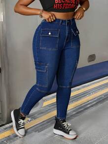 SHEIN SXY Plus Size Women Elastic Fashion Pocket Skinny Jeans - Blue - View 2