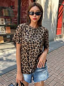 DAZY Camiseta casual de mujer con cuello redondo y estampado de guepardo y leopardo - Marrón - Ver 6