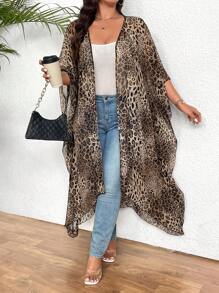 SHEIN Clasi Plus Size Women Chiffon Random Leopard Print Lightweight Long Casual Jacket - Multicolor - View 4