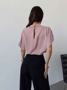 Firerie Women's Elegant Dusty Pink Ruffle Collar Blouse Summer Work Business Office Casual Wear Minimalist Daily Commute Teachers' Day Loose Fit Short Sleeve - Dusty Pink - View 7