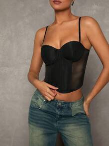Glamine Sexy Mesh Patchwork Solid Woven Wire Rim Camisole Tank Top For Women - Black - View 6