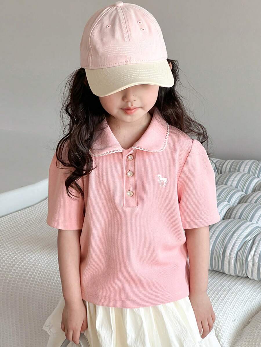 Dazy Kids Young Girl Knit Collar Embroidered Short Sleeve T-Shirt, Spring/Summer - Pink - View 1