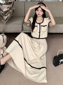 DAZY Bộ 2 món áo và chân váy nữ cổ tròn tay phồng cài cúc phía trước, phối ren tương phản, thanh lịch. - Màu be - Xem 2