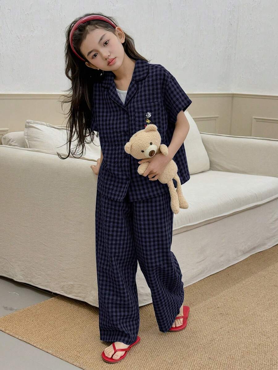 Dazy Kids Tween GirlsShort Sleeve, Checkered Print & Embroidery Pattern, Home/Loungewear Sets, Spring/Summer - Navy Blue - View 1