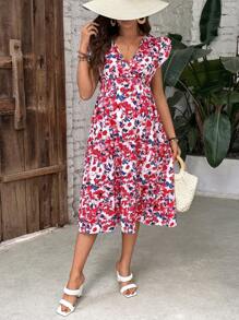 SHEIN Abito con scollo a V, stampa floreale, volant lungo l'orlo, taglio a trapezio, per gravidanza, vacanze e casual