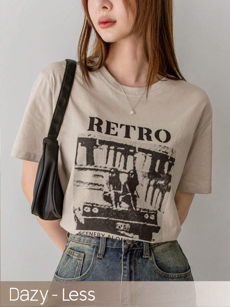 Loose Fit Short Sleeve T-Shirt With People And Letter Prints Summer,Graphic Tees Preppy Tops
