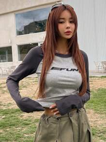 DAZY Letter Graphic Raglan Sleeve Crop Tee,Fall Clothes Long Sleeve Women Tops - Grey - View 8