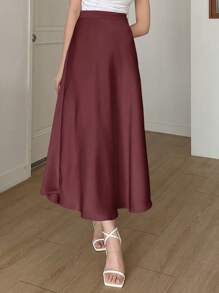 DAZY 女士优雅百搭缎面中长裙 - 酒紅色 - 查看 4