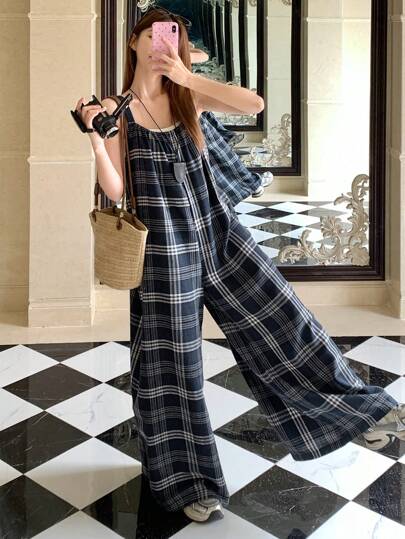 DAZY Bộ áo liền quần dài không tay dáng rộng kẻ caro cho nữ, thích hợp mặc nhà mùa thu/đông, đồ mặc nhà cho nữ.