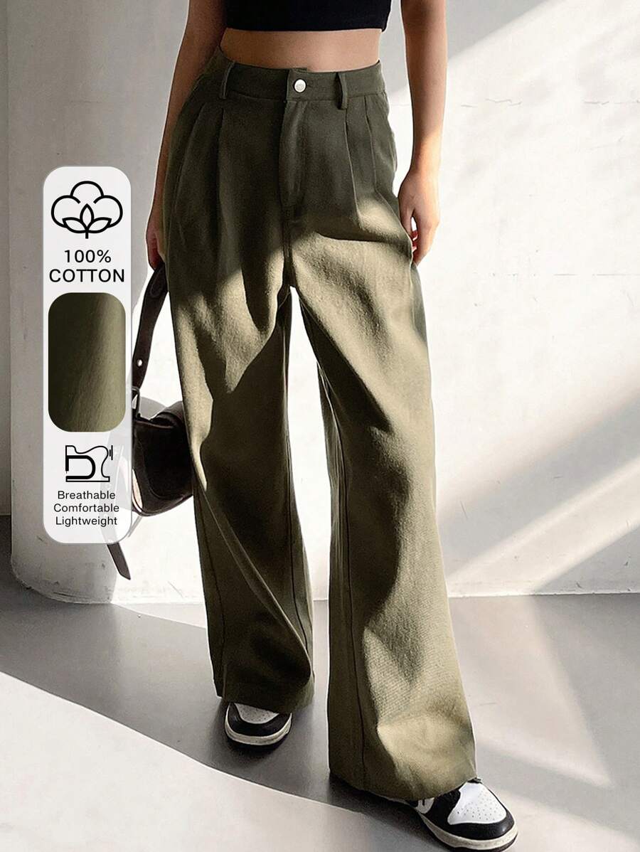 DAZY Women Loose Wide Leg Pants With Pockets, Solid Color - Army Green - View 1