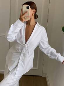 Livesso Women Solid Color Fitted Long Sleeve Drawstring Ruched Tie Blouse Summer Preppy Tops - White - View 7