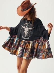 Bohemela 针织上衣和梭织下装拼布女式 T 恤 - 黑色 - 查看 6