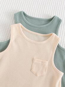 Cozy Pixies 4pcs Baby Boy Set - Solid Color Knitted Soft Round Neck Sleeveless Vest And Elastic Waist Shorts