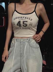 DAZY 女士修身短款细肩带背心，字母印花和色块设计，夏季短款女式上衣 - 杏色 - 查看 4