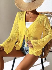 Breezaya Casual Solid Color Hollow Out Knit Tie Front Cardigan Fall Winter Cloth For Women - Yellow - View 4
