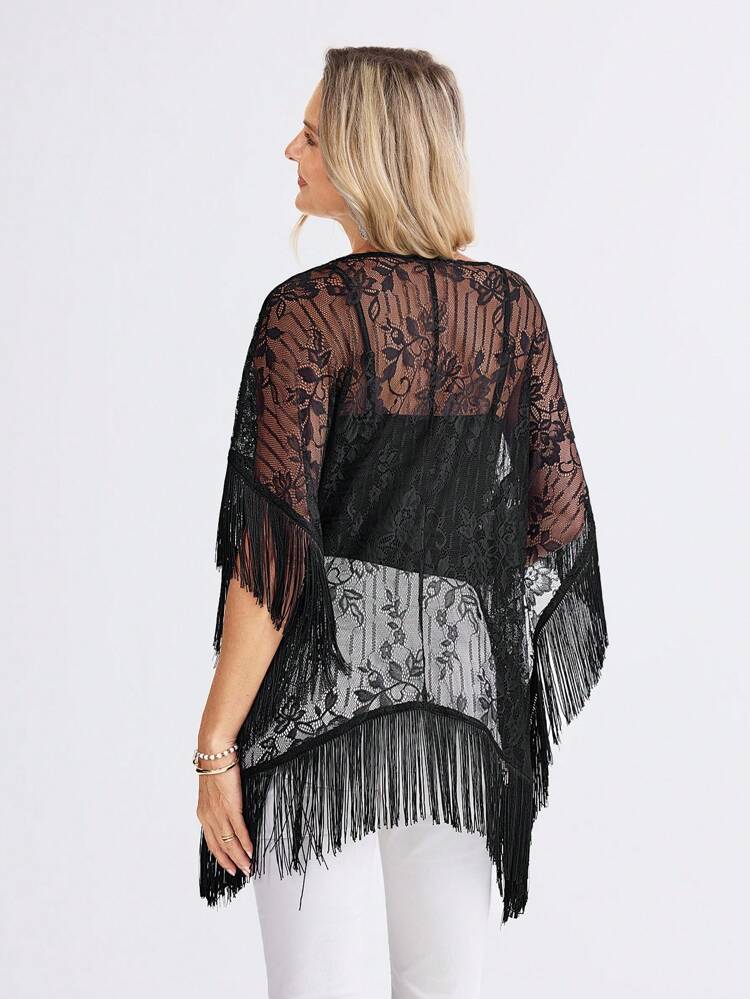 Women's V-Neck Chiffon Fringe Shirt With Lace Patchwork And Tassel Trim Top, Suitable For Music Festival, Spring/Summer