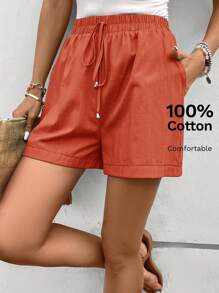 SHEIN LUNE Women Non-Elastic Woven Casual Shorts With Tie Waistband And Pockets