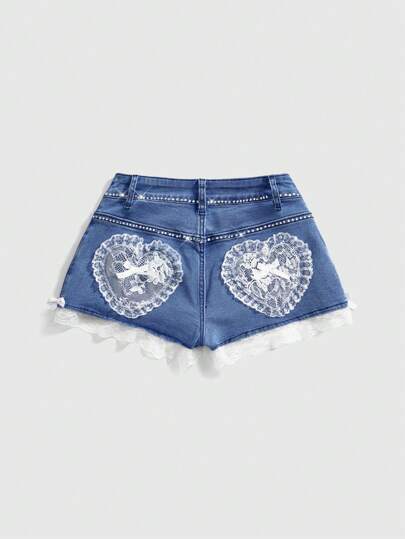 Grunge Punk Cute Heart Embroidery Lace Bowknot Summer Blue Super-Mini Low-Waist Women's Denim Shorts