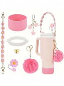 7pcs Cup Handheld Rope Pendant Silicone Flower Straw Hat Plush Ball Pendant Cup