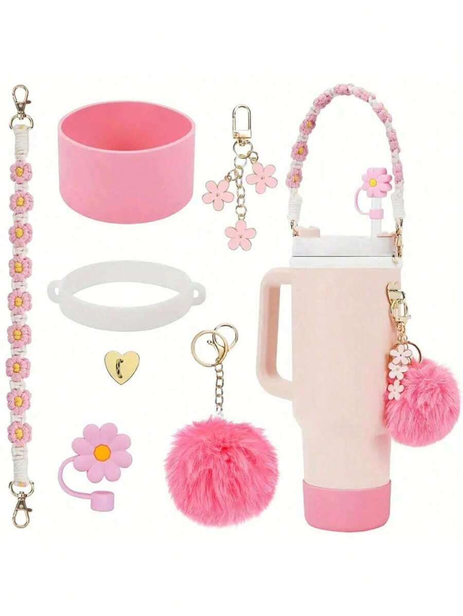 7pcs Cup Handheld Rope Pendant Silicone Flower Straw Hat Plush Ball Pendant Cup