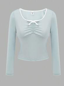 SHEIN Tween Girl 休闲百搭优雅短长袖撞色蝴蝶结 T 恤，适合户外和校园穿着，春季、夏季、秋季