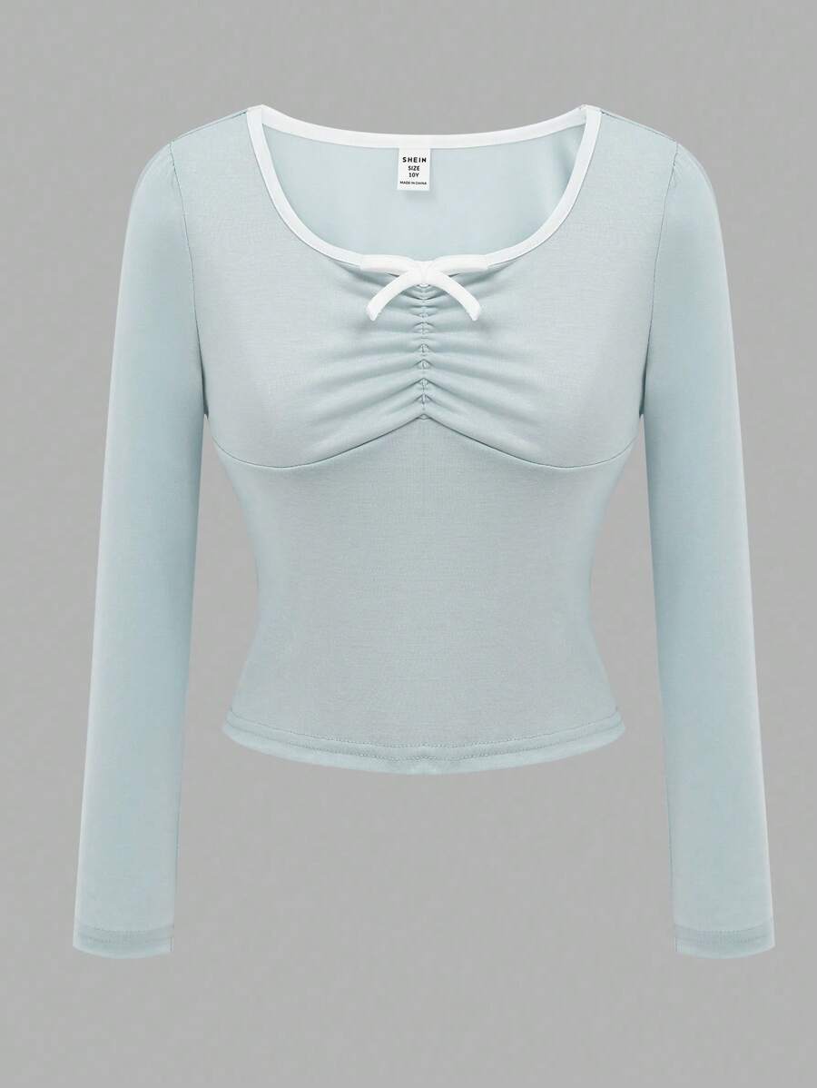 SHEIN Tween Girl 休闲百搭优雅短长袖撞色蝴蝶结 T 恤，适合户外和校园穿着，春季、夏季、秋季