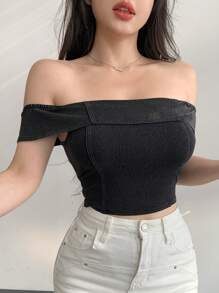 DAZY Women Off Shoulder Short Sleeve Cropped Denim Blouse - Black - View 5