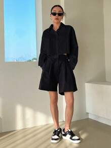 DAZY 纯色翻领短款女式长袖衬衫，返校服装短款女式上衣