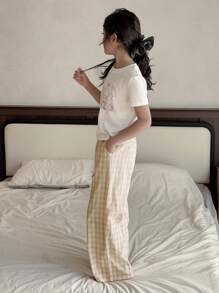 DAZY 2 件套 Tween Girl 女童花卉印花圆领短袖上衣和下装套装，适合春夏秋冬 - 棕色 - 查看 4