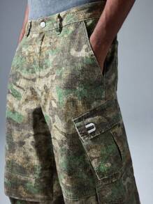 NEON BLANC Men's Streetwear Fashion Denim Wide Leg Camouflage Embroidered Pocket 3/4 Pants, School - Army Green - View 3