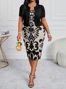 Fleurora 秋冬季优雅黑色针织铅笔主教袖中长短袖大码套装 - 黑與白 - 查看 6