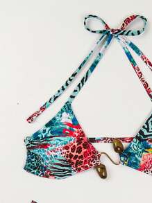 SHEIN Swim Vcay 女士性感豹纹比基尼套装，随机花卉印花系带吊带泳装 - 水鴨藍 - 查看 4