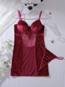 Velvet Patched Mesh Sexy Alluring Shimmering Gold Powder Women's Lingerie Nightdress - Burgundy - View 1