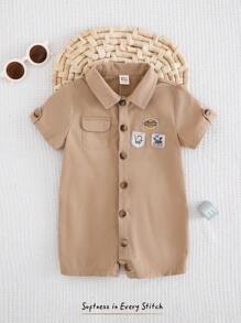 Cozy Pixies Pelele de manga corta con solapa bordada para bebé niño - Camel - Ver 4