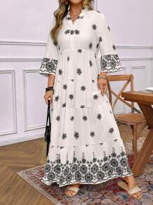 SHEIN LUNE Vestido de encaje con cuello en V y estampado floral con ubicación, de talla grande, de SHEINLUNE - Blanco y Negro - Ver 9