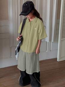 Dazy Kids 少女短袖彼得潘领刺绣衬衫，春夏款，返校季复活节服装 - 綠色 - 查看 2