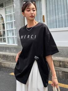 DAZY 字母图案落肩 T 恤 夏季 - 黑色 - 查看 4