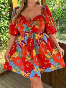 Flirla Große Größen Damen Freizeitkleid mit Blumenmuster, Puffärmeln, Kordelzug-Kragen und Webbindung