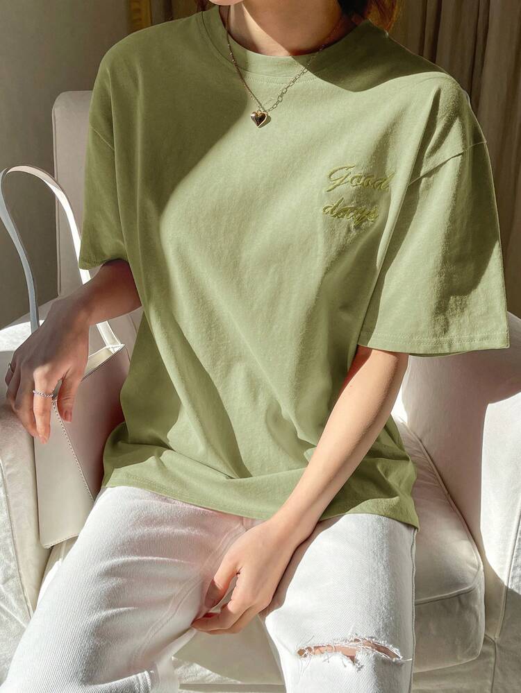 Letter Embroidery Drop Shoulder Tee Summer Business Casual Woman Work Clothes Easter