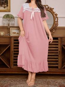 Trezura Plus Size Soft & Comfortable Knit Midi Dress With French Vintage Gown Inspired Floral Lace & Mesh Panels, Casual Loungewear, Pale Pink