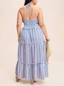 SHEIN LUNE Plus Size Women Boho SummerLight And Breathable Halter Blue Striped Maxi Dress Sundress