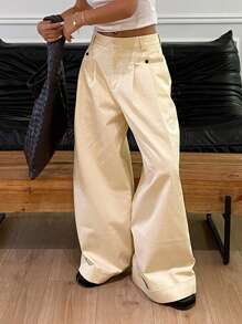 DAZY 實色女式寬褲，帶有口袋 - 米色 - 查看 5
