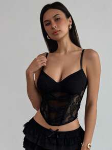 Aloruh Women's Lace Splice Twist Design Mesh Cutoff Camisole - Black - View 6